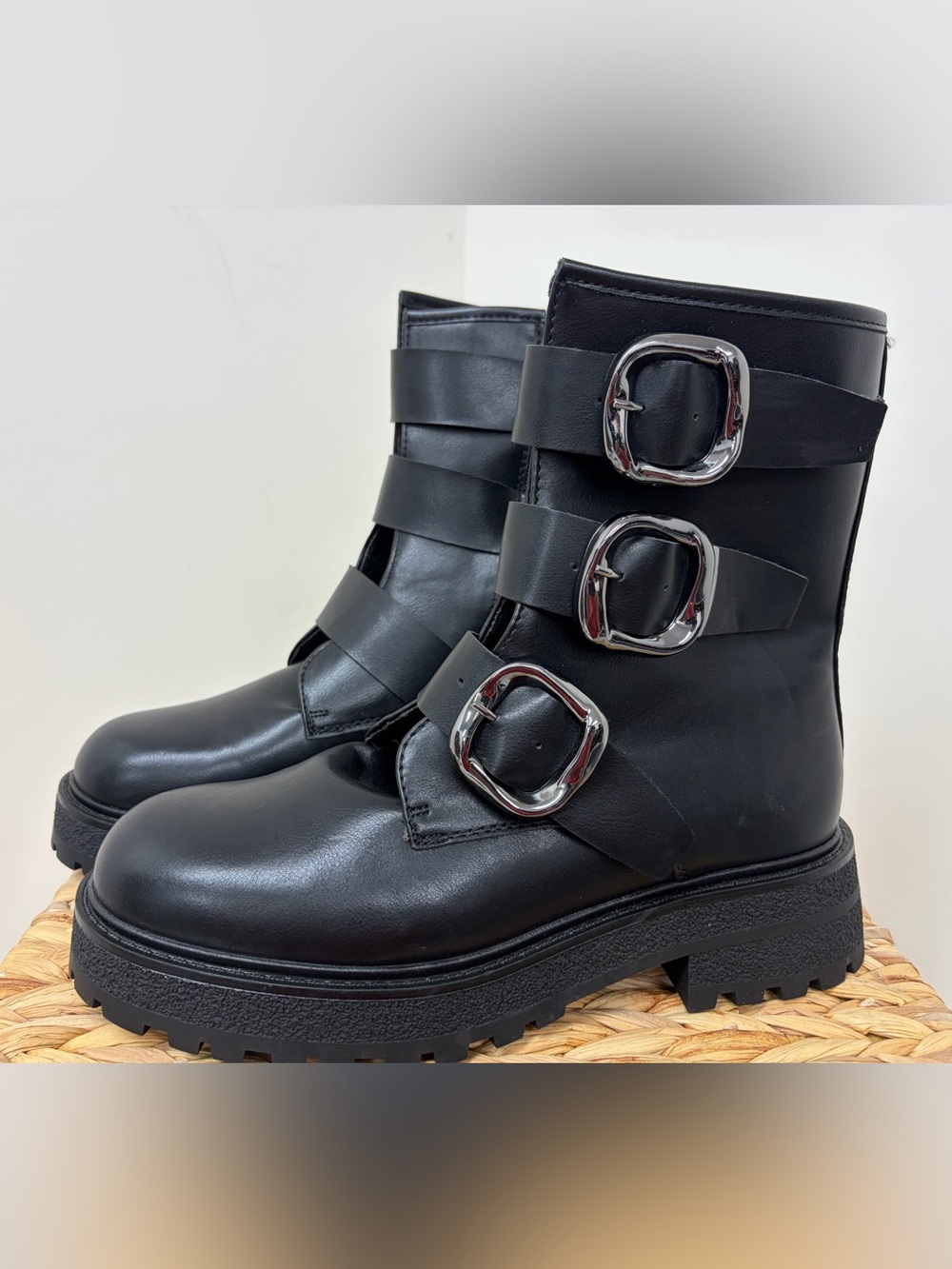 Steve Madden Black Leather Triple-Strap Lug Ankle Boots with Silver Buckles